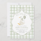 One Silly Goose Green Bow First Birthday 招待状 (正面)