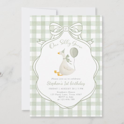 One Silly Goose Green Bow First Birthday 招待状 (正面)