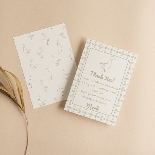 One Silly Goose Green Drawn 1st Birthday Thank You サンキューカード