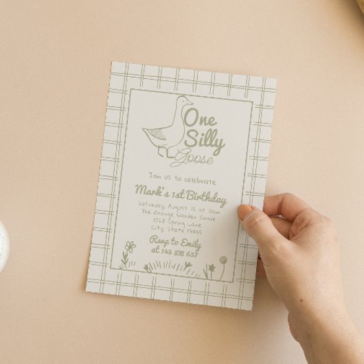 One Silly Goose Green Drawn 1st First Birthday  招待状