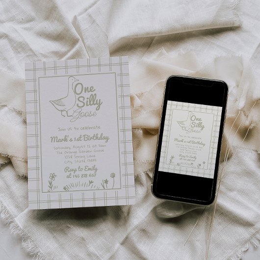 One Silly Goose Green Drawn 1st First Birthday  招待状