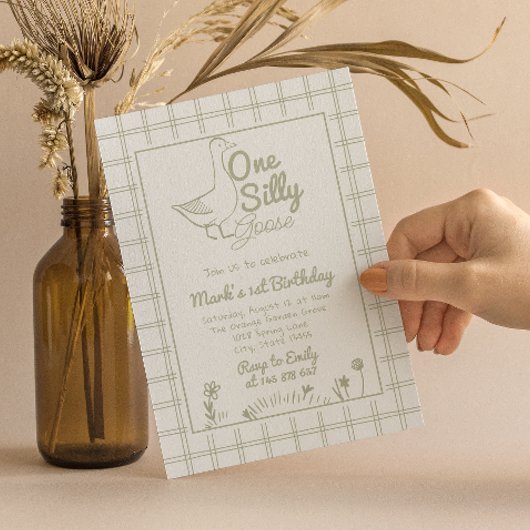 One Silly Goose Green Drawn 1st First Birthday  招待状