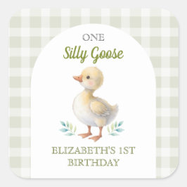 One Silly Goose Green Gingham Baby First Birthday スクエアシール