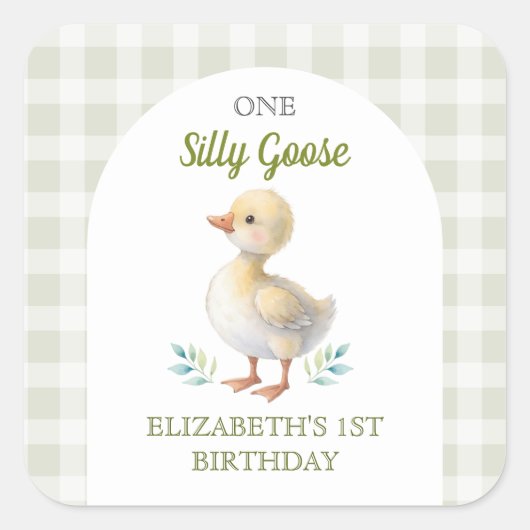 One Silly Goose Green Gingham Baby First Birthday スクエアシール (正面)