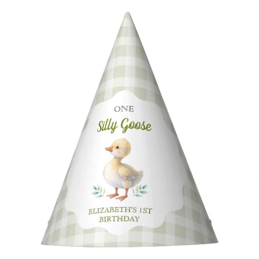 One Silly Goose Green Gingham Baby First Birthday パーティーハット (正面)