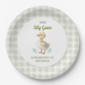 One Silly Goose Green Gingham Baby First Birthday ペーパープレート (正面)