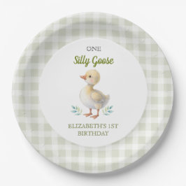 One Silly Goose Green Gingham Baby First Birthday ペーパープレート