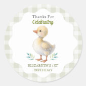 One Silly Goose Green Gingham Baby First Birthday ラウンドシール (正面)