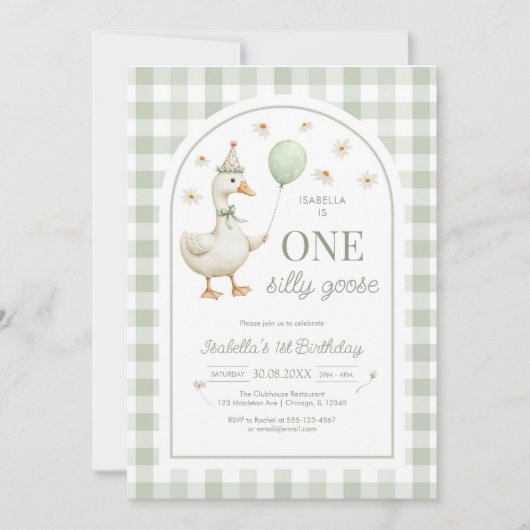 One Silly Goose Green Girl 1st Birthday Invitation 招待状 (正面)