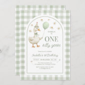 One Silly Goose Green Girl 1st Birthday Invitation 招待状 (正面/裏面)
