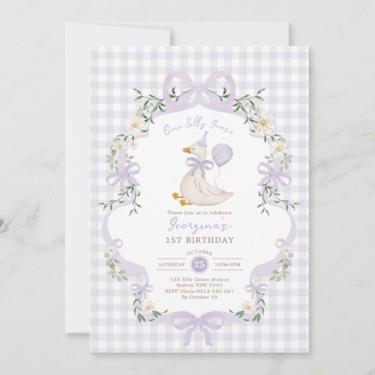 One Silly Goose Lilac Purple Bow 1st Birthday 招待状 (正面)