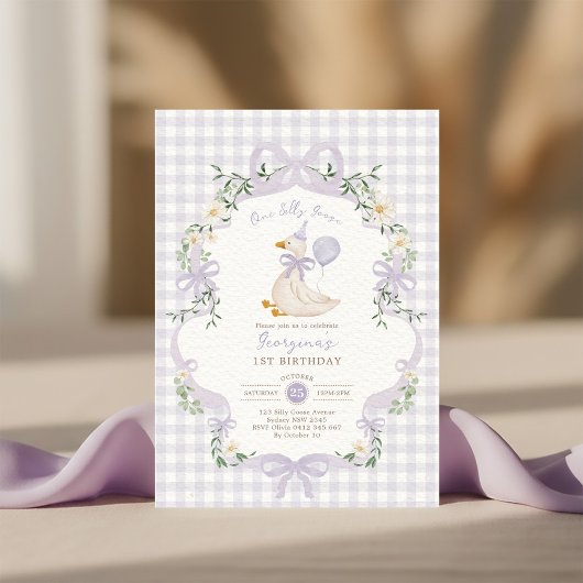 One Silly Goose Lilac Purple Bow 1st Birthday 招待状