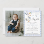 One Silly Goose Photo Blue Boy 1st Birthday Party 招待状 (正面)