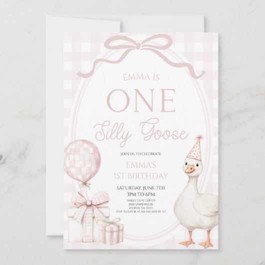 ONE Silly Goose Pink 1st Birthday Party 招待状 (正面)