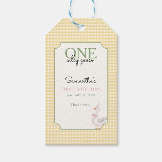 One Silly Goose Pink and Gingham 1st Birthday ギフトタグ (正面)