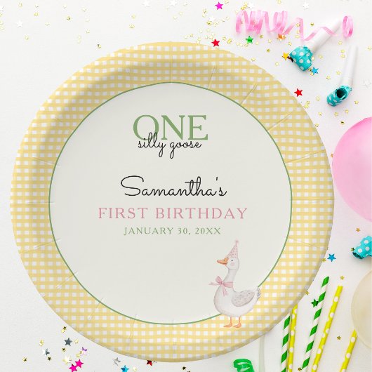 One Silly Goose Pink and Gingham 1st Birthday ペーパープレート