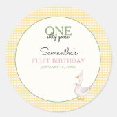 One Silly Goose Pink and Gingham 1st Birthday ラウンドシール (正面)
