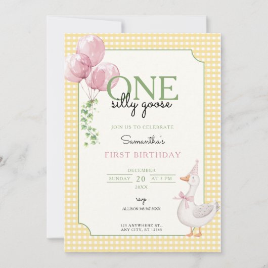 One Silly Goose Pink and Gingham 1st Birthday 招待状 (正面)