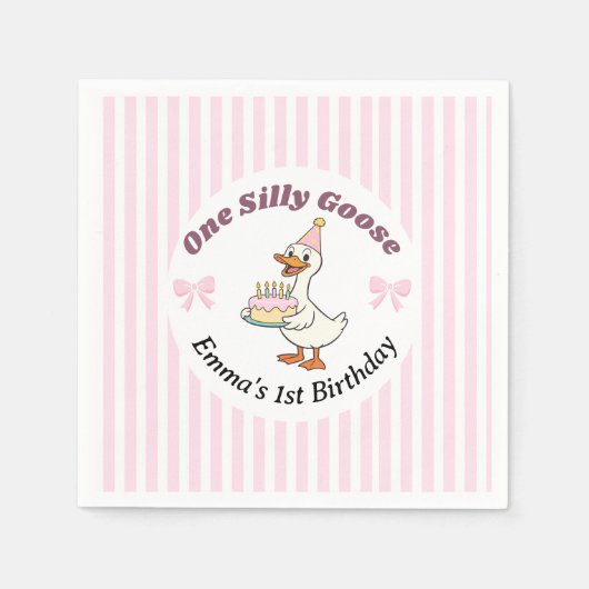 One Silly Goose Pink Bow 1st Birthday  スタンダードカクテルナプキン (正面)