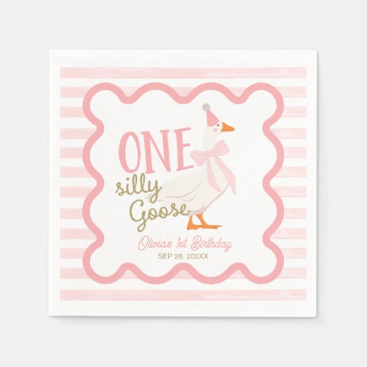One Silly Goose Pink Bow 1st Birthday スタンダードカクテルナプキン (正面)