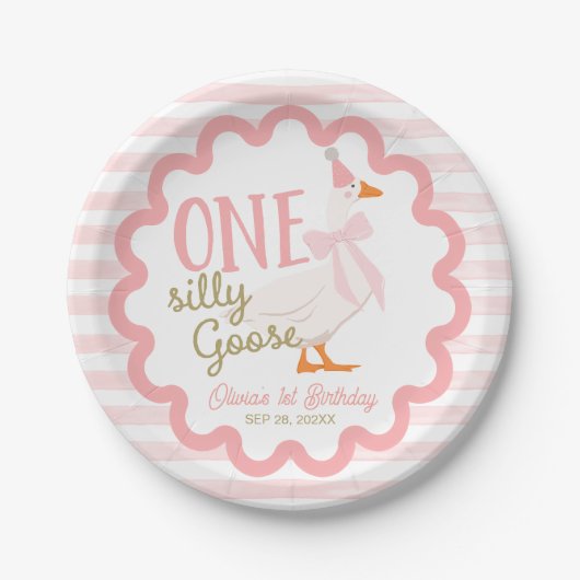 One Silly Goose Pink Bow 1st Birthday ペーパープレート (正面)