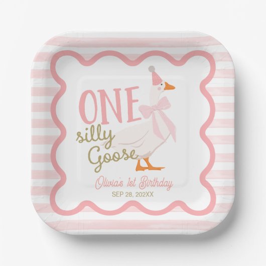 One Silly Goose Pink Bow 1st Birthday ペーパープレート (正面)