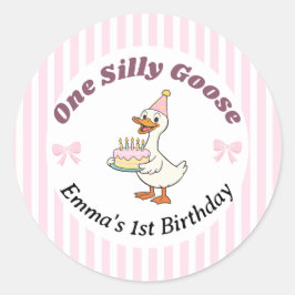 One Silly Goose Pink Bow 1st Birthday ラウンドシール