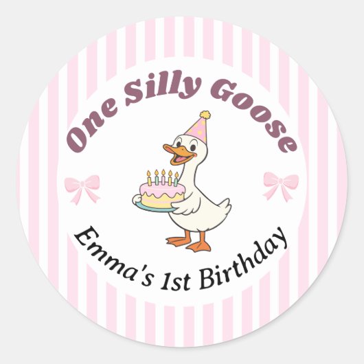 One Silly Goose Pink Bow 1st Birthday ラウンドシール (正面)