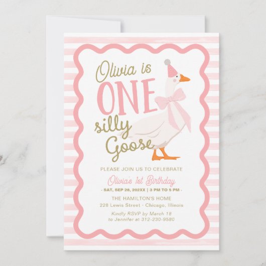 One Silly Goose Pink Bow 1st Birthday 招待状 (正面)