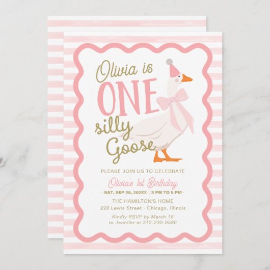 One Silly Goose Pink Bow 1st Birthday 招待状 (正面/裏面)