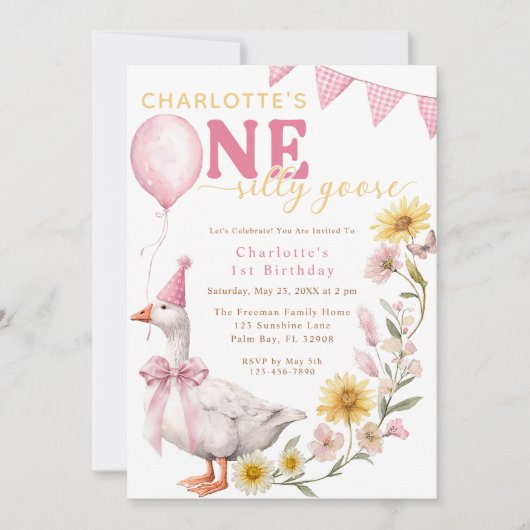 One Silly Goose Pink Bow 1st Birthday Invitation 招待状 (正面)