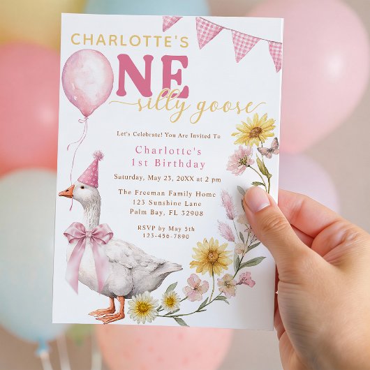 One Silly Goose Pink Bow 1st Birthday Invitation 招待状