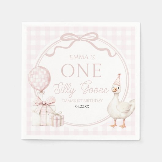 ONE Silly Goose Pink Bow 1st Birthday Party スタンダードカクテルナプキン (正面)