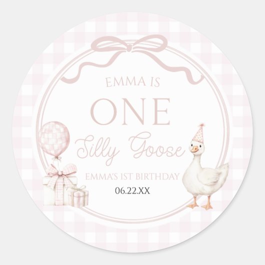 ONE Silly Goose Pink Bow 1st Birthday Party ラウンドシール (正面)