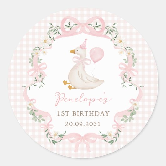 One Silly Goose Pink Bow Balloon Girl Birthday ラウンドシール (正面)