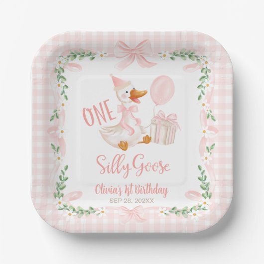 One Silly Goose Pink Bow Floral 1st Birthday ペーパープレート (正面)