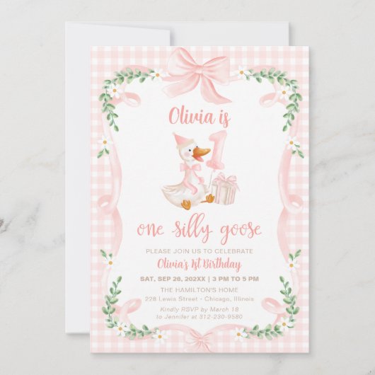 One Silly Goose Pink Bow Floral 1st Birthday 招待状 (正面)