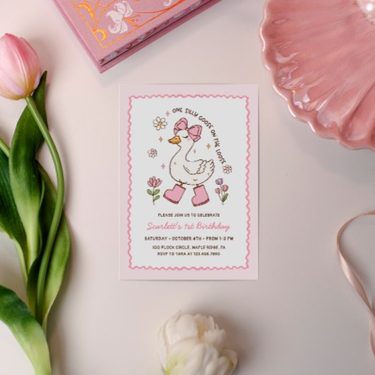 One Silly Goose Pink Bow Floral 1st Birthday 招待状