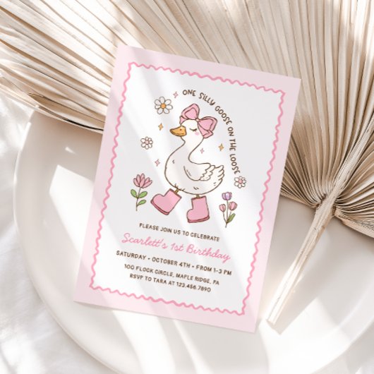 One Silly Goose Pink Bow Floral 1st Birthday 招待状
