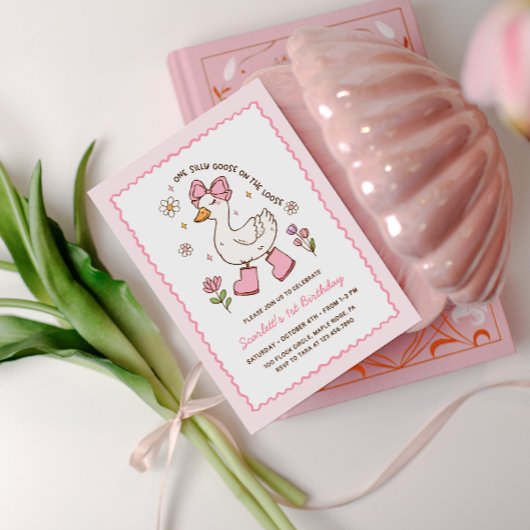 One Silly Goose Pink Bow Floral 1st Birthday 招待状