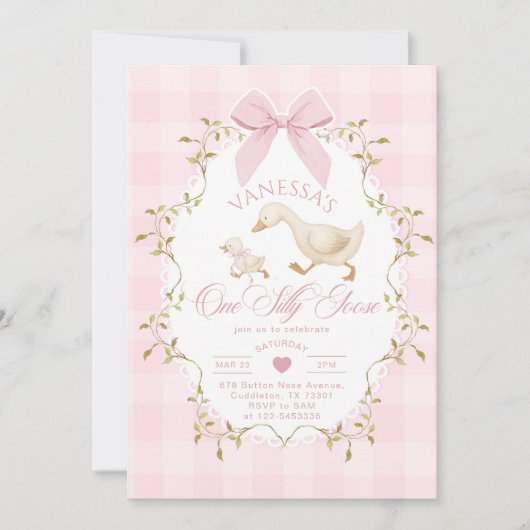 One Silly Goose Pink Bow Girl 1st Birthday 招待状 (正面)