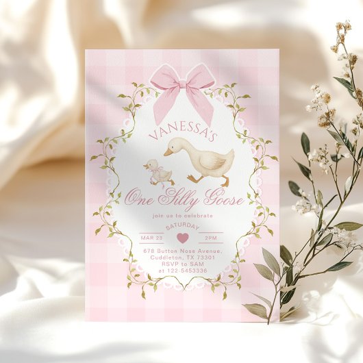 One Silly Goose Pink Bow Girl 1st Birthday 招待状