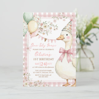 One Silly Goose Pink Bow Girl 1st Birthday 招待状