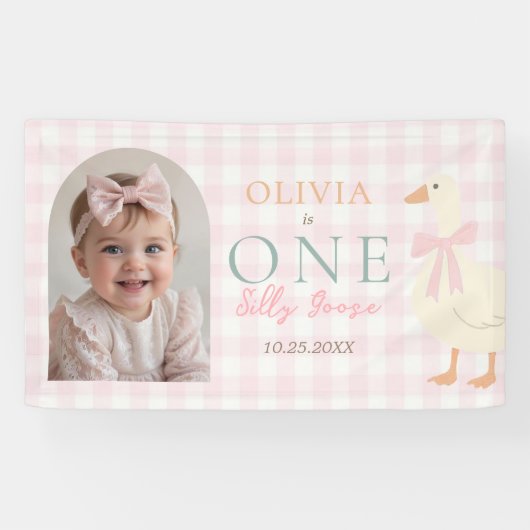  One Silly Goose Pink Bow Girl 1st Birthday Photo 横断幕 (横)