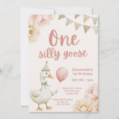 One Silly Goose Pink Floral 1st Birthday 招待状 (正面)