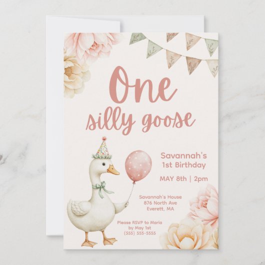 One Silly Goose Pink Floral 1st Birthday  招待状 (正面)