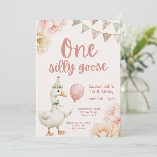One Silly Goose Pink Floral 1st Birthday 招待状 (スタンド正面)