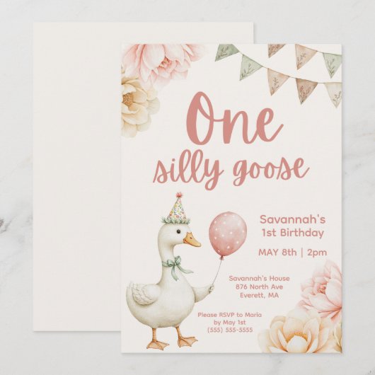 One Silly Goose Pink Floral 1st Birthday 招待状 (正面/裏面)