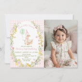 One Silly Goose Pink Floral Birthday Photo Invite サンキューカード (正面)