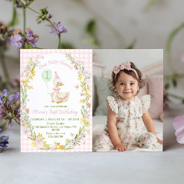One Silly Goose Pink Floral Birthday Photo Invite サンキューカード